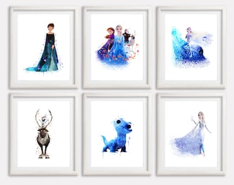 Frozen 2 Acuarela Arte Printable Set 6 Cartel Princesa Elsa Anna Pintura Artwork Frozen Poster Kids Room Wall Decor Nursery Wall Art