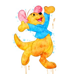May include: A watercolor painting of a cartoon kangaroo with a blue shirt and pink ears. The kangaroo is jumping in the air with its arms raised. The background is a white canvas with blue and orange watercolor splatters.