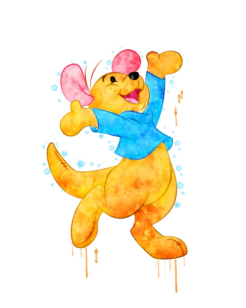 May include: A watercolor painting of a cartoon kangaroo with a blue shirt and pink ears. The kangaroo is jumping in the air with its arms raised. The background is a white canvas with blue and orange watercolor splatters.