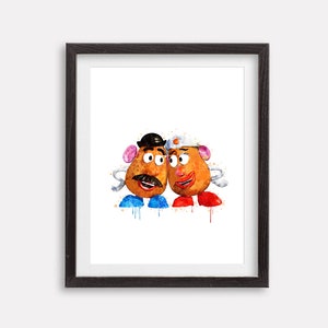 May include: A watercolor painting of Mr. and Mrs. Potato Head from the Toy Story movies. The characters are depicted in a loving embrace, with Mr. Potato Head wearing a blue shirt and Mrs. Potato Head wearing a red dress.