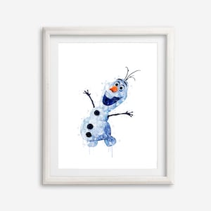 May include: A watercolor painting of Olaf, the snowman from the movie Frozen, with a blue and white color scheme. Olaf is smiling and has his arms outstretched.