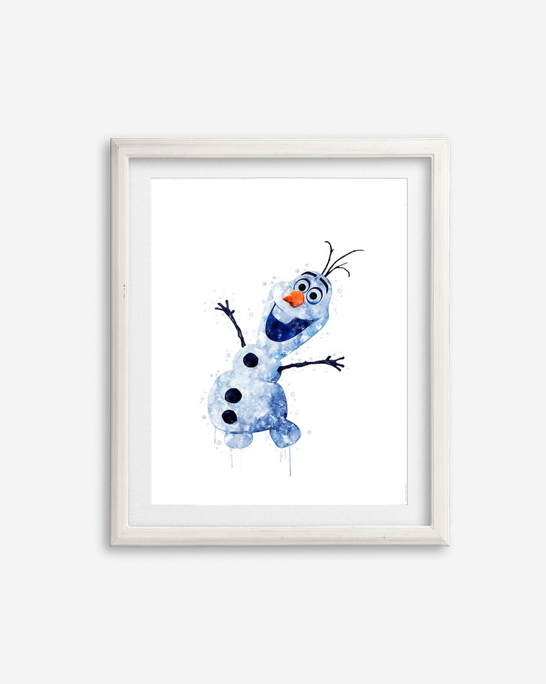 May include: A watercolor painting of Olaf, the snowman from the movie Frozen, with a blue and white color scheme. Olaf is smiling and has his arms outstretched.