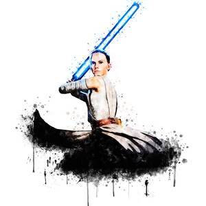 Puede incluir: Una pintura de acuarela de una mujer blandiendo una espada l&aacute;ser azul. La mujer lleva un atuendo blanco y marr&oacute;n y est&aacute; rodeada de salpicaduras de pintura negra.