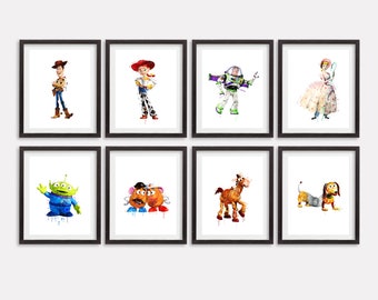 Conjunto de Toy Story com 8 impressões em aquarela pôster Woody Buzz Arte para impressão Toy Story Pintura Berçário Arte de parede Decoração de quarto infantil Presente de chá de bebê