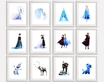 Frozen 2 acuarela arte impresión cartel imprimible Set12 Frozen Elsa Anna Olaf arte pintura chica habitación pared decoración vivero pared arte regalo