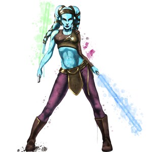 Puede incluir: Un personaje femenino de piel azul con acentos verdes y morados, empu&ntilde;ando un sable de luz azul. El personaje lleva un atuendo marr&oacute;n y morado y tiene una expresi&oacute;n feroz.