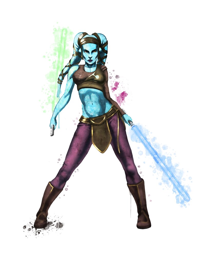 Puede incluir: Un personaje femenino de piel azul con acentos verdes y morados, empu&ntilde;ando un sable de luz azul. El personaje lleva un atuendo marr&oacute;n y morado y tiene una expresi&oacute;n feroz.