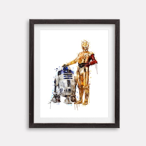 Star Wars Art Print C3-PO and R2-D2 Movie Poster Force Awakens The robots The Last Jedi C3-PO R2-D2 Watercolor Poster Star Wars Art Print