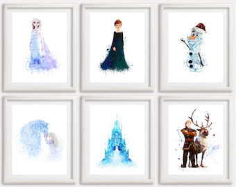 Frozen 2 Acuarela Arte Imprimir Cartel Conjunto 6 Frozen Princess Elsa Anna Painting Artwork Olaf Ice Castle Poster Girl Room Wall Decor