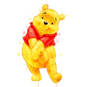 May include: A watercolor painting of Winnie the Pooh, a cartoon bear, in a red shirt. The bear is standing with its arms crossed and smiling. The background is a white canvas with splashes of yellow and pink watercolor.