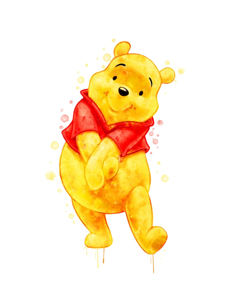 May include: A watercolor painting of Winnie the Pooh, a cartoon bear, in a red shirt. The bear is standing with its arms crossed and smiling. The background is a white canvas with splashes of yellow and pink watercolor.