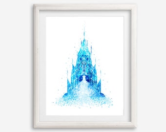 Frozen Ice Castle Aquarel Art Print Poster Afdrukbare Elsa Chateau Schilderij Prinses Kasteel Artwork Kinderkamer Muur Decor Kwekerij Muur Kunst