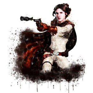 Puede incluir: Una pintura de acuarela de una mujer con un mono blanco y una capa marr&oacute;n, sosteniendo un bl&aacute;ster en su mano derecha. El fondo es una salpicadura de pintura negra y marr&oacute;n.