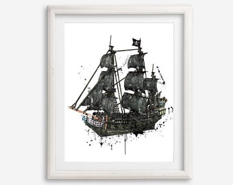 Acuarela de barco pirata, Póster de barco pirata, Imprimible pirata, Impresión de arte de barco pirata, Arte náutico del mar, Decoración de pared de la habitación para niños, Arte de la pared, Regalo