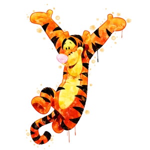 May include: A watercolor painting of Tigger from Winnie the Pooh. He is orange and black with a big smile and his arms raised in the air.