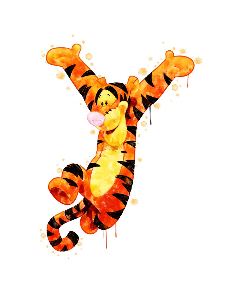 May include: A watercolor painting of Tigger from Winnie the Pooh. He is orange and black with a big smile and his arms raised in the air.
