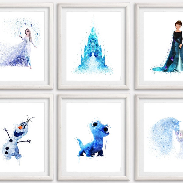 Frozen 2 Watercolor Art Print Set6 Printable Poster Princess Anna and Elsa Print Olaf Painting Nursery Wall Art Girl Room Wall Decor Gift