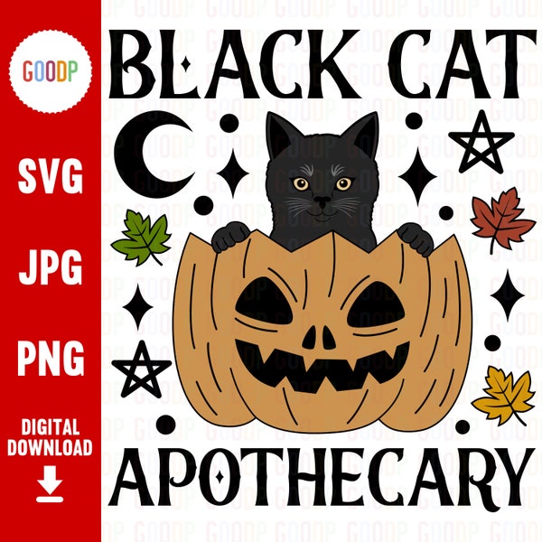 Black Cat Apothecary Svg, Pumpkin Svg, Halloween Png, Trendy Halloween Svg, Téléchargement instantané, Svg pour Cricut, Téléchargement numérique