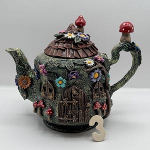 Whimsical Fairy House Teapot: Handcrafted Cottage Garden Decor
