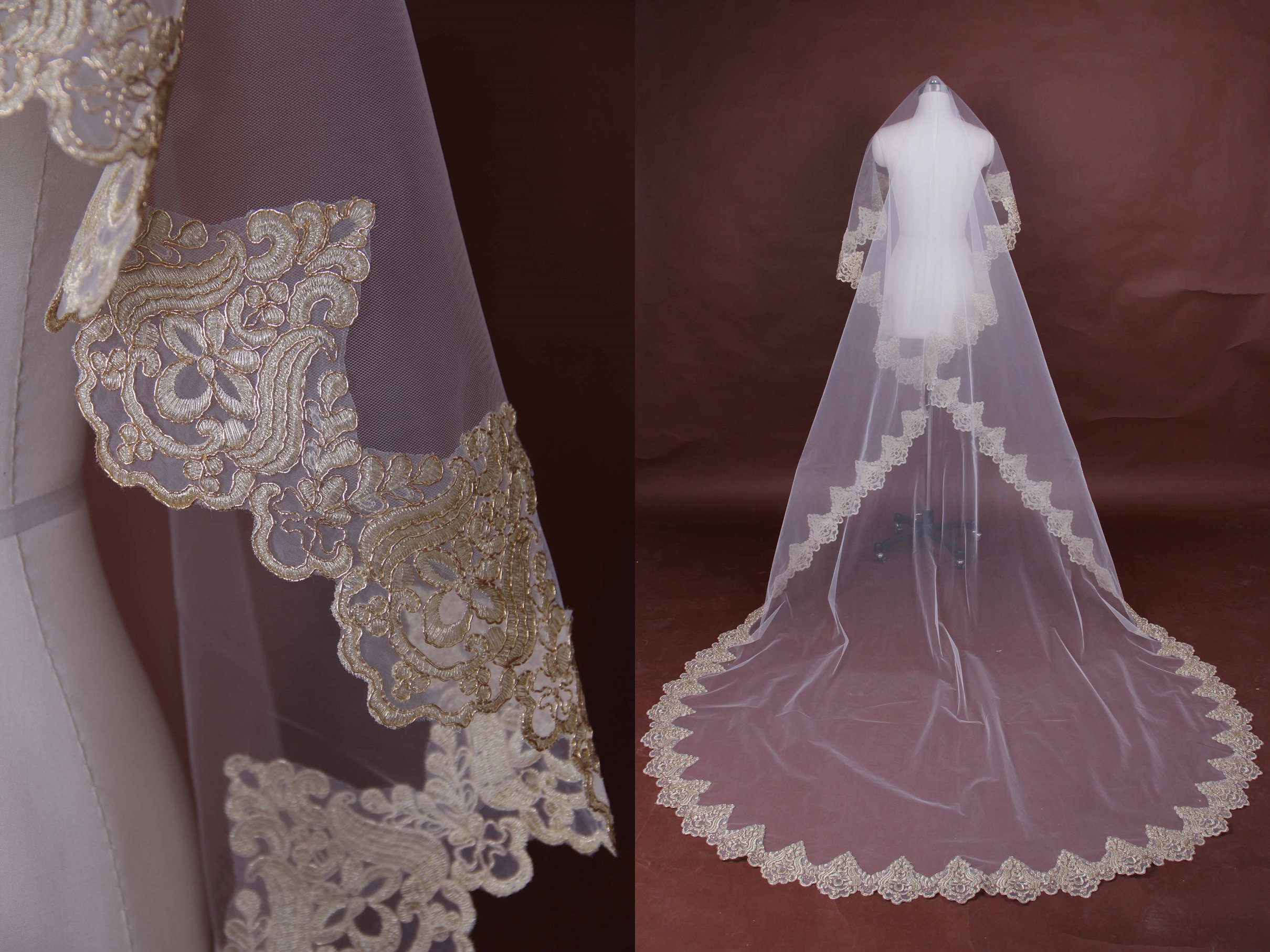 Gold Lace Cathedral Wedding Veil Gold Lace Edge Veil Ivory Etsy