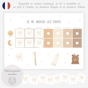 Può includere: Un grafico stampabile per l'igiene dentale con il testo "JE ME BROSSE LES DENTS" e "Téléchargement immédiat". Il grafico presenta illustrazioni di denti, uno spazzolino da denti, dentifricio e un orso. Progettato per l'uso quotidiano.