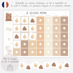 Peut inclure: Un tableau de propreté pour enfants avec le texte "JE DEVIENS PROPRE" et des illustrations d'ours, de toilettes et d'autres images connexes. Le tableau comporte des cases pour chaque jour de la semaine et des petites cartes.