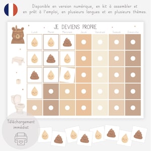 Peut inclure: Une affiche d'apprentissage de la propreté avec une illustration d'ours, des toilettes et d'autres graphiques liés à la salle de bain. Le tableau comporte une grille avec les jours de la semaine et des espaces pour suivre les progrès avec des icônes de gouttelettes et de caca. Le texte "JE DEVIENS PROPRE" est visible.