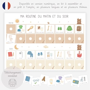 Op de afbeelding: Een afdrukbare dagelijkse routinekaart met ochtend- en avondsecties. De kaart bevat geïllustreerde pictogrammen voor verschillende activiteiten, zoals tandenpoetsen en aankleden, met selectievakjes. De tekst in het Frans luidt "MA ROUTINE DU MATIN ET DU SOIR".