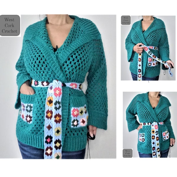 Crochet pdf pattern bottom up granny stitch cardigan with pockets