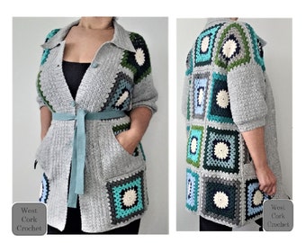 Crochet pdf pattern Retro style granny square cardigan with pockets and collar