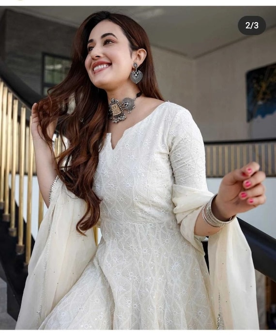 White chicken sequence kurti dupatta set for anniversary festival and all traditional occasions