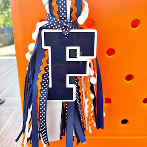 Monogram bag tag, bag charm, acrylic bag tag, beach bag, pool bag charm, initial tag, bogg bag tag, school name tag, Navy and orange tassel