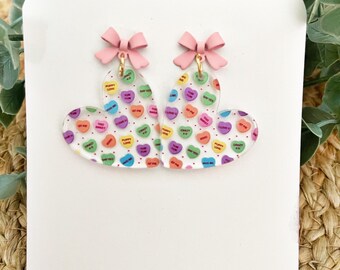 Conversation Heart Earrings: Valentine's Day Candy Heart & Bow Studs