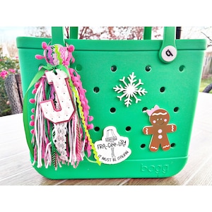 Monogram Bogg Bag Charm, Acrylic Initial Tag, Christmas Tassel
