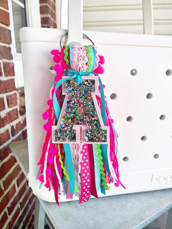 Glitter Acrylic Monogram Bag Tag: Bogg bag Charm with Tassel