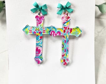 Floral Print Cross Dangle Earrings with Blue Bow