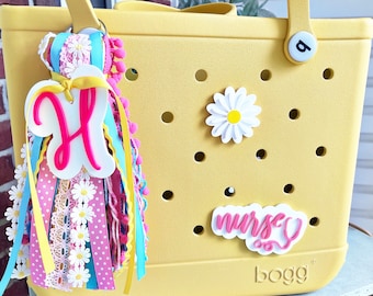 Monogram Acrylic Bag Tag, Tassel Charm, Bogg Bag Decor