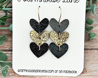 Black Glitter Heart Dangle Earrings: Black & Gold Acrylic