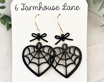 Glitter Spiderweb Heart Earrings: Spooky Halloween Jewelry