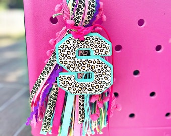 Leopard Acrylic Monogram Bag Tag: Teal Initial Charm