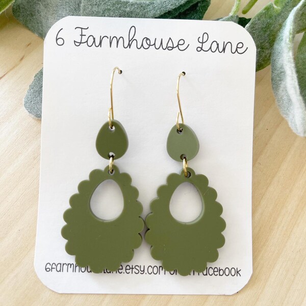 Neutral Scallop Dangle Earrings: Olive Green Matte Acrylic
