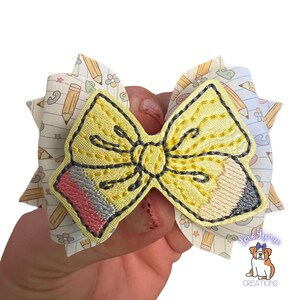 School Hair Bow: Faux Leather Pencil Print, Embroidered Feltie, Alligator Clip