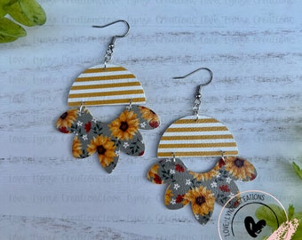 Sunflowers and Stripes, Mustard Yellow Fall Earrings, Vegan Leather Earrings, Statement Earrings, Lightweight Earrings