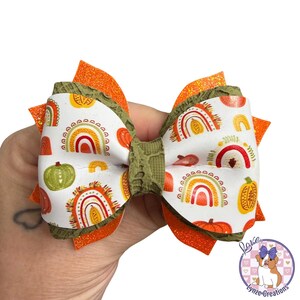 Fall Rainbow Hair Bow, Pumpkin Orange Green Faux Leather Autumn Hair Clip