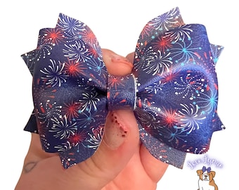Patriotic Fireworks Hair Bow – Navy Faux Leather 4th of July Accessory