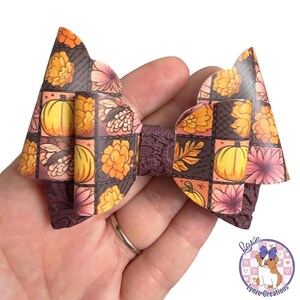 Pumpkin Floral Hair Bow, Burgundy Orange Faux Leather Fall Hair Clip