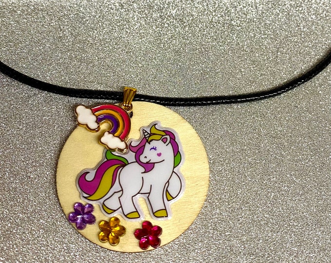 Magical handmade unicorn necklace with rainbow charm and mixed colour flower gems. Gifts for her. Girls, ladies necklace. Unicorns. Gifts.