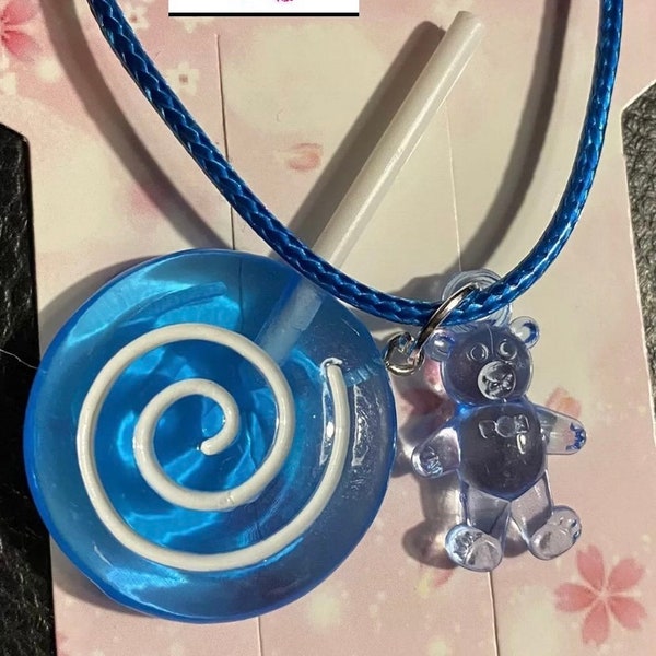 Handmade blue spiral swirl lollipop with teddy bear charm on blue waxed cord.  Teddy bears. Lolly. Littles. DDLG. Kawaii. Sweet necklace