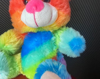 Super cute and colourful bear. Rainbow colours. Plushie rescues. Soft toys. Plushies. Teddy bears. Adoption. Adopt. Toy. Gifts. Pre loved.