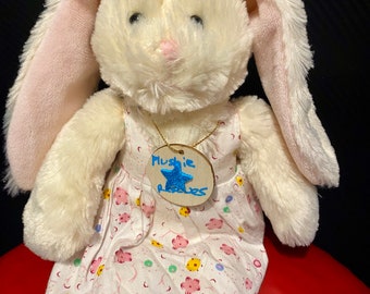 Adorable sweet soft bunny in a beautiful summer flower dress. Plushies. Soft toys. Teddy adoption. Rabbit. Adopt. Plush. Plushie rescues.